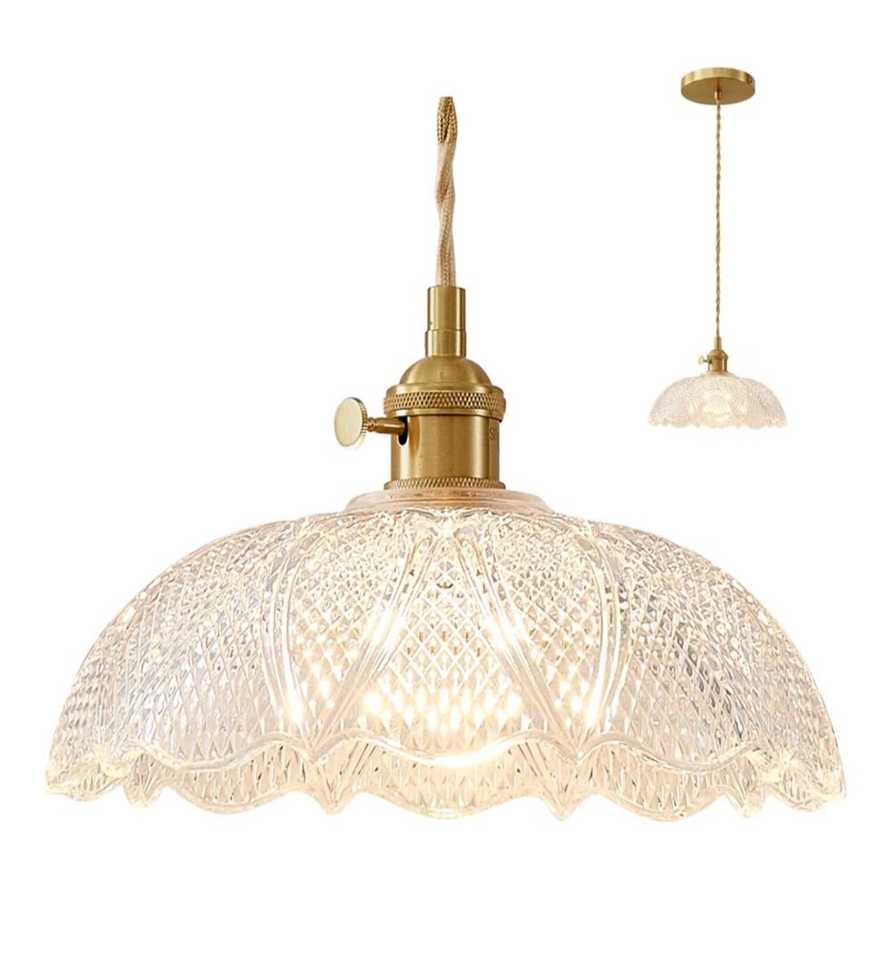 Oyisen 9.8" Glass Pendant Light Gold Braided Cord Flower Shade Farmhouse